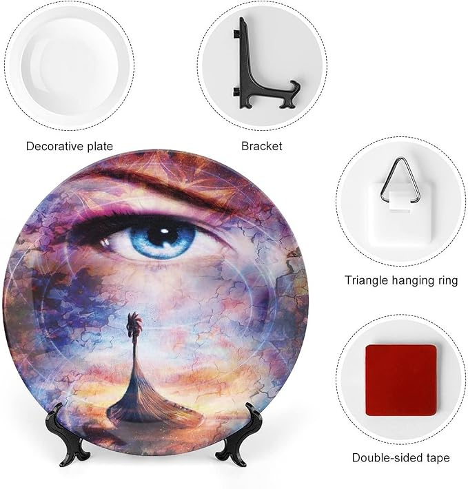 10 Inch Decorative Plate,Viking Tableware Plate, Boat on Beach and Woman Eye Boat Print Ornament Display Plate for Dining Table Setting, Wedding Reception Decorations, Christmas Tablescape, Red Orange
