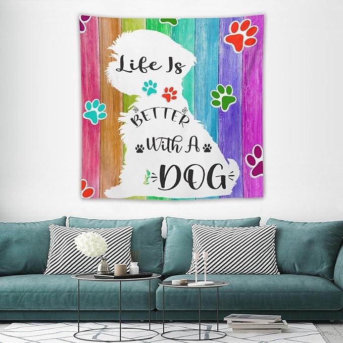 VUMIVI Cute Dog Tapestry Rainbow Color Planks Rustic Farmhouse Home Decor Pet Paws Tapestry Wall Hanging for Living Room Bedroom Dorm Classroom Aesthetic Decor W60xL60in