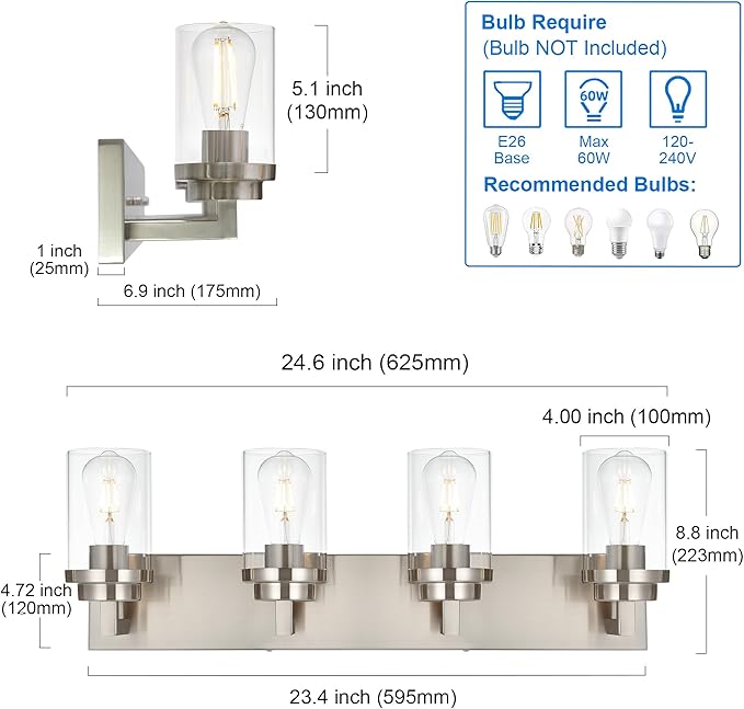 MELUCEE 4 Lights Vanity Light Brushed Nickel Modern Bathroom Lighting Fixtures Over Mirror with Clear Glass Shade, Industrial Wall Lights for Mirror Cabinet Kitchen