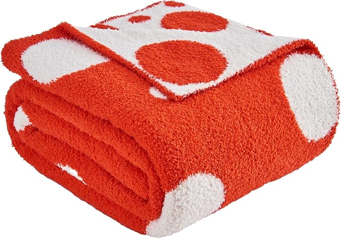 CozeCube Super Soft Fullfy Microfiber Reversible Knitted Blankets, Warm Cozy Fuzzy Plush Throw, Orange red and White Polka Dot Throw Blanket for Couch Bed Sofa, 50" x 60"