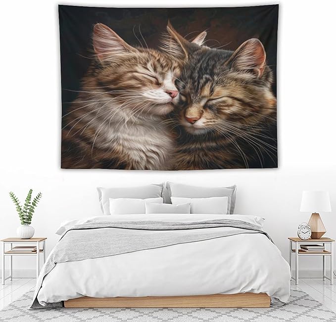 VUMIVI Cat Tapestry Adorable Animals Two Kittens Snuggling Together Vintage Print Realistic Design Tapestry Wall Hanging for Living Room Bedroom Dorm Classroom Aesthetic Decor W80xL60in