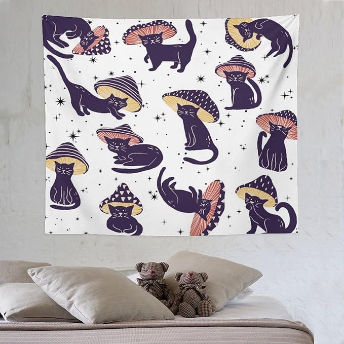 VUMIVI Funny Cat Mushroom Tapestry Retro 70s Hippie Style Cute Black Kitten Star Aesthetic Art Print Tapestry Wall Hanging for Living Room Bedroom Dorm Classroom Aesthetic Decor W60xL50in