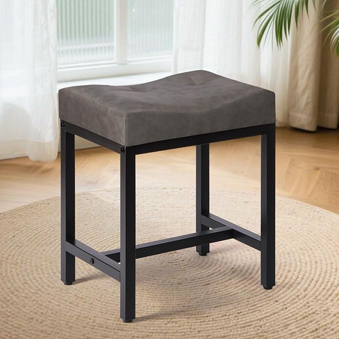 Saddle Seat Vanity Stool, Makeup Stool Chair with Metal Leg, U-Shaped Leather Ottoman Foot Rest Stool, Small Square Chairs Under Desk for Vanity, Living Room, Bedroom, Modern Makeup Bench Grey&Black