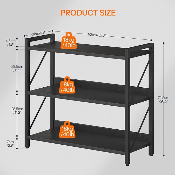 HOOBRO Bookshelf, 3-Tier Industrial Bookcase, Book Shelf Storage Organizer, Bookshelf with Metal Frame for Living Room, Bedroom, Home Office, Kitchen, Black BB718SJ01