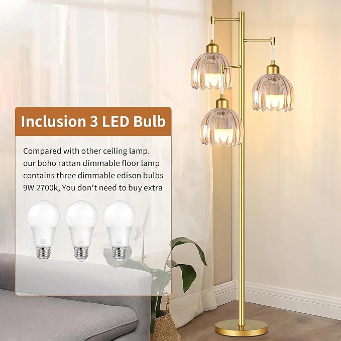 Gold Floor Lamp for Living Room,Bedroom,Tree 3 Light Standing Lamp Mid Century Modern Brass Tall Floor Lamps Vintage Retro Floor Lights Glass Flower Amber Lamp Shade Farmhouse Boho Bohemian