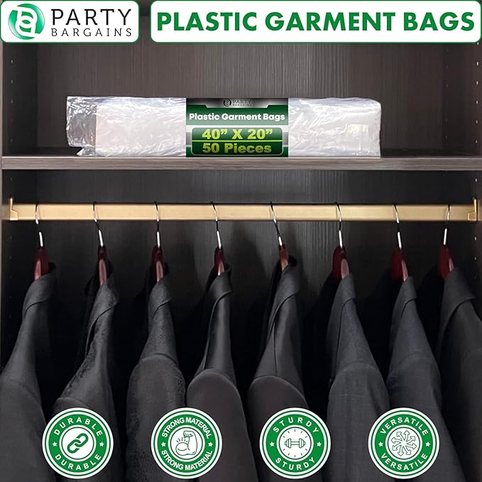 Party Bargains 40x20 Inch Clear Plastic Garment Bags, 50 Pack
