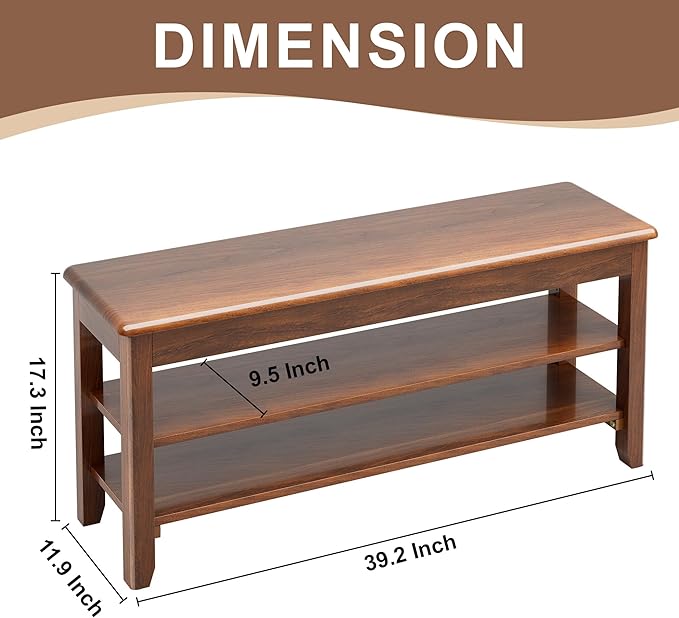 Shoe Storage Bench for Entryway - 3 Tier Shoe Rack for Front Door Entrance, Rubberwood Shoes Rack Height Adjustable, Entryway Bench with Shoes Storage for Any Room (Walnut, 39.4" W)