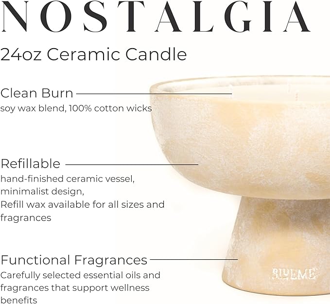 Blueme Nostalgia Candle | Bergamot & Musk | 5 Wick - Refillable Wellness Candle with Essential Oils, Hand Finished & Poured Soy Wax Blend Ceramic Vessel, Natural Cotton Wicks | Large 24 oz