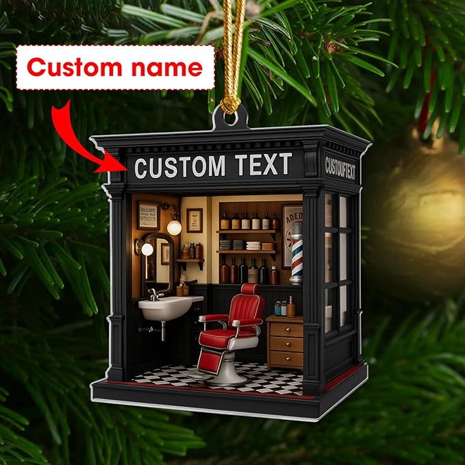 Personalized Barbershop Christmas Ornament 2025, Custom Name Hair Salon Decor, 2D Flat Acrylic Holiday Tree Ornament, Gift for Barber & Stylist