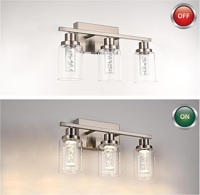 MELUCEE 3 Light LED Bathroom Light Fixtures 3000K-6000K Dimmable Vanity Lights Bathroom Lights Over Mirror Brushed Nickel Wall Light Fixture with Crystal Bubble Clear Glass Shade, Built-in LED Chips