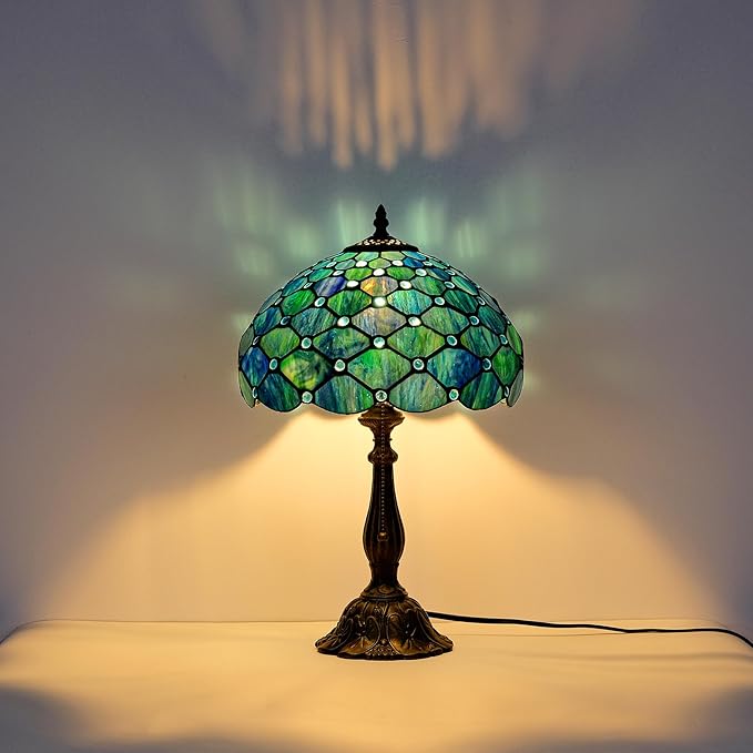 Tiffany Style Table Lamp Vintage Stained Glass Desk Lamp Sea Blue Pearls Bedside Reading Light Decor Bedroom Living Room Entry Home Office D12 xH18