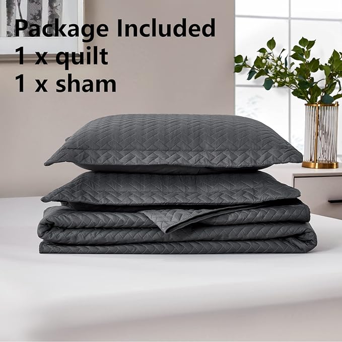 Maple&Stone Quilt Set Twin/Twin XL, Lightweight Charcoal Grey Bedspread Ultrasonic Chevron Pattern Light Coverlet for All Season Comforter Bedding Decor - 2 Piece Twin Extra Long Bed Cover Sets