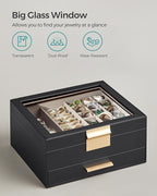 SONGMICS GISELLA Collection - Jewelry Box Organizer, 2-Layer Jewelry Storage with 1 Drawer, Shiny Metal Hardware, Glass Lid, Modern, 8 x 9.1 x 4.1 Inches, Ink Black and Gold Color UJBC174B01