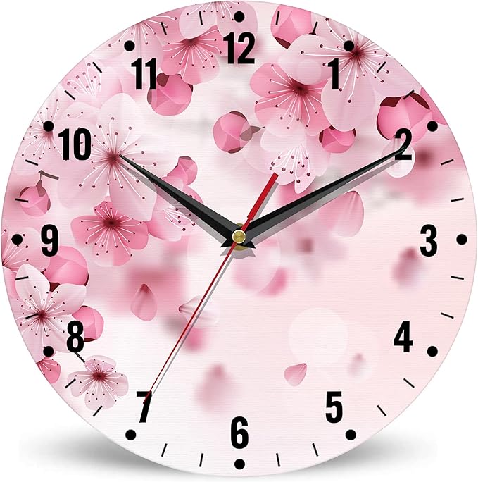 SPUNKER Wall Clocks,Cherry Blossom Wall Clocks for Living Room Decor,Pink Sakura Flower Kitchen Clocks Wall Battery Operated - 10 Inch Round Bathroom Wall Clock Silent Non-Ticking
