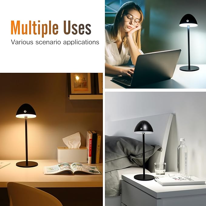 2 Pack Rechargeable Table Lamps, Cordless Bedside Touch Lamp, 3 Color Temps (3000K-6500K), Stepless Dimming, Touch Control, for Restaurant/Bedroom/Outdoor Patry/Camping