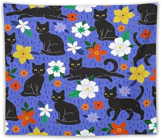 VUMIVI Black Cat Floral Tapestry Red White Hand-Painted Flowers Cute Animals Kids' Doodles Tapestry Wall Hanging for Living Room Bedroom Dorm Classroom Aesthetic Decor W60xL50in