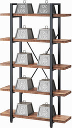 HSH 5 Tier Solid Wood Bookshelf, Natural Real Wood Bookcase, Industrial Rustic Vintage Etagere Bookshelf, Open Metal Farmhouse Solid Wooden Book Shelf, Distressed Brown