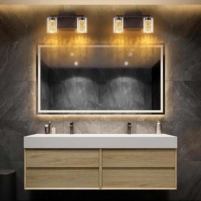 SineRise 2-Light Bronze Vanity Light with 3 Color Modes (3000K/4000K/6000K), Eye Protection LED Bathroom Light Fixture, Dimmable Modern Wall Light Over Mirror with Clear Glass Shade