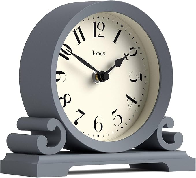 JONES CLOCKS® Saloon Mantel Clock | Traditional Double Scroll Design | French Navy | Contemporary Classic Style for Desk, Table, Shelf or Bedside