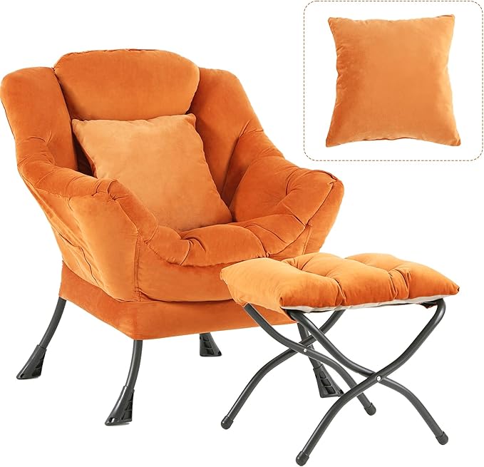 Tangerine Lazy Chair with Ottoman, Large Velvet Lounge Accent Chair with a Throw Pillow, Comfy Leisure Sofa Chair for Living Room Bedroom Dorm Room Office Apartment Reading Relaxing Use