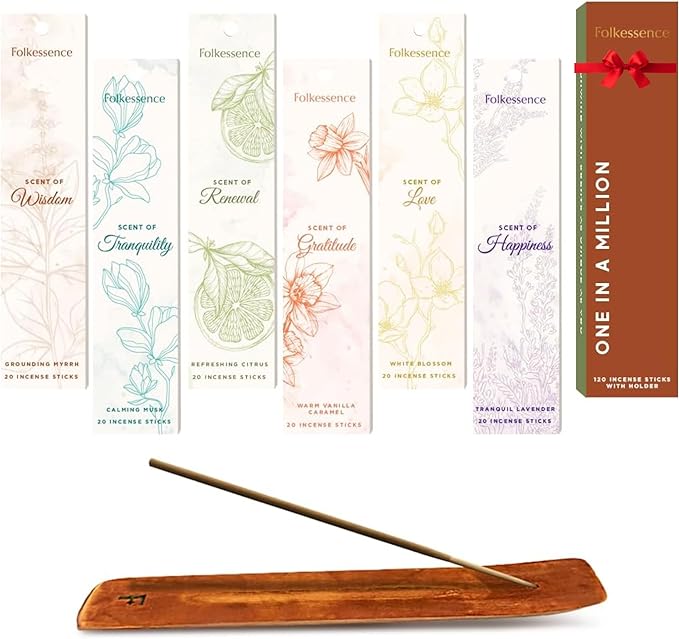 Folkulture Incense Sticks with Holder (120 Sticks) | Set of 6 Premium Incense Sticks for Calm, Aromatherapy | No Charcoal, Organic, Non Toxic, 45 Mins, Long Burning Lavender, Vanilla Insence-Sticks