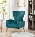 Modern Velvet Accent Chair, Channel Tufted Bedroom, Office or Living Room Furniture with Elegant Metal Legs, 26" Wide Armchair, Blueish Green