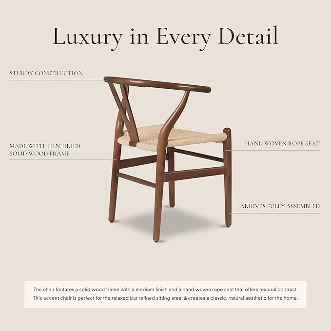 POLY & BARK Weave Dining Chair – Mid-Century Modern Wishbone Dining Chair with Arms, Solid Wood Frame, Indoor Use – Walnut – Single - Ideal for Dining Room, Kitchen or Stylish Accent Setting
