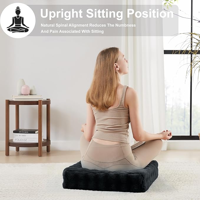 2 Pcs High Density Foam Floor Pillow - Upgraded Large Pillows Seating for Adults - Outdoor Floor Cushion with Soft Tufted Cover - Yoga Pillows for Sitting On Floor - 22 Inch Black