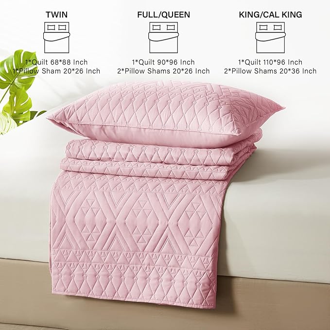 akkialla Twin Quilt Set, Pink Lightweight Microfiber Bedspread Coverlet, Boho Geometric Pattern, Soft All-Season Bedding, 2-Piece (1 Quilt, 1 Pillow Sham) | Breathable fabric, Modern style