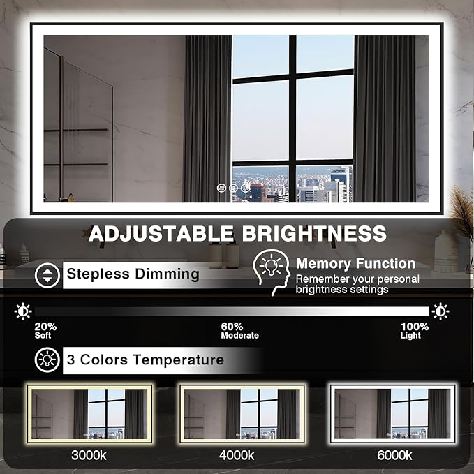 Large 84x40 Light Up Bathroom Mirror -Black Aluminum Edge (Front and Backlit), Anti-Fog Vanity Mirror with Lights,Stepless 3 Colors Dimmable Lighted Mirror(Horizontal/Vertical)