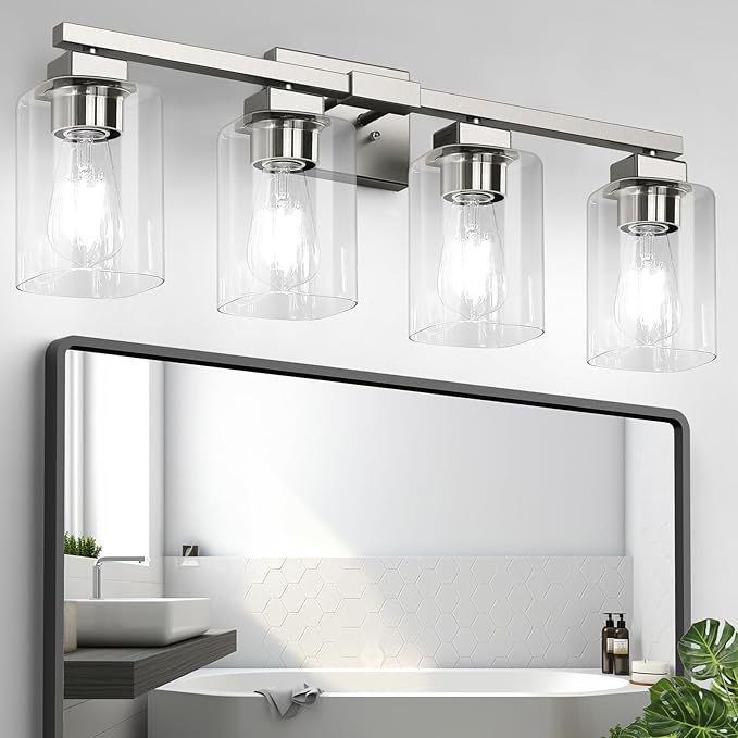 BesLowe 27" 4-Light Bathroom Light Fixture, Modern Brushed Nickel Bathroom Vanity Light, Bathroom Lighting Fixtures Over Mirror, Matte Nickel Bathrom Wall Lamp, Wall Lights for Living Room Bedroom