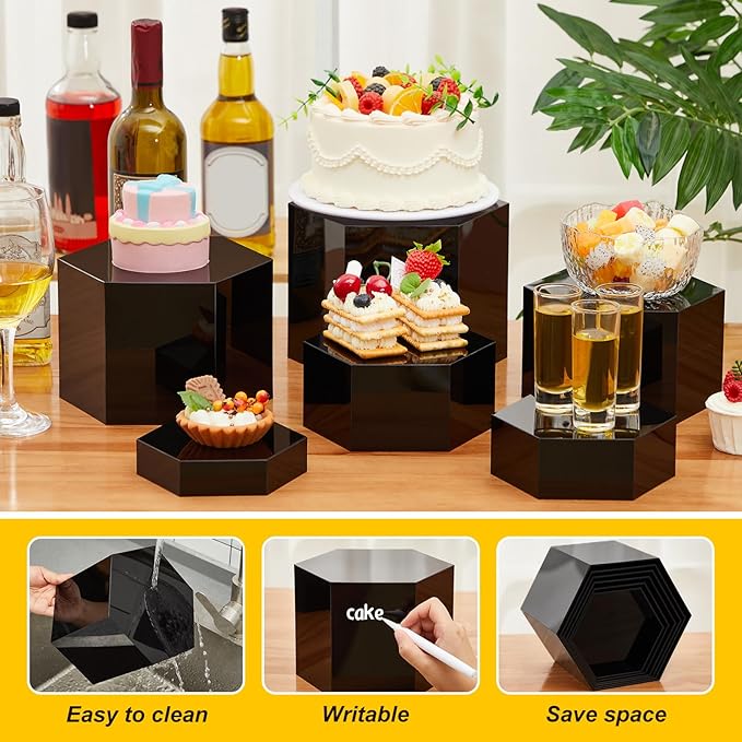 Leinuosen 6 Pcs Large Buffet Risers, 5.5 to 8 Inch Catering Dessert Table Risers Food Decorative Stands with hollow bottom for Catering Supplies, Party(Black, Hexagonal)