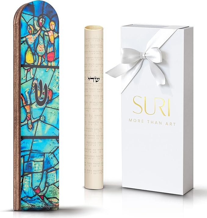 SURI Wooden Mezuzah for Door – 5 Inch Contemporary Turquoise Chagall-Inspired Mezuzzah Case with Printed Scroll, Self-Stick Adhesive, Fits a 4 Inch Scroll, Gift Box Include