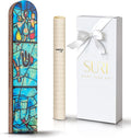 SURI Wooden Mezuzah for Door – 5 Inch Contemporary Turquoise Chagall-Inspired Mezuzzah Case with Printed Scroll, Self-Stick Adhesive, Fits a 4 Inch Scroll, Gift Box Include