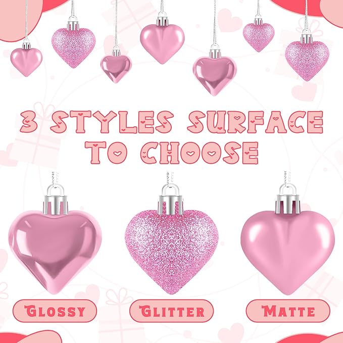 24PCS Valentines Day Heart Ornaments, Pink Heart Shaped Ornaments, 2 Sizes Heart Hanging Ornaments, Glossy Heart Baubles Hanging Decorations for Valentine's Day Wedding Anniversary Home Party Decor