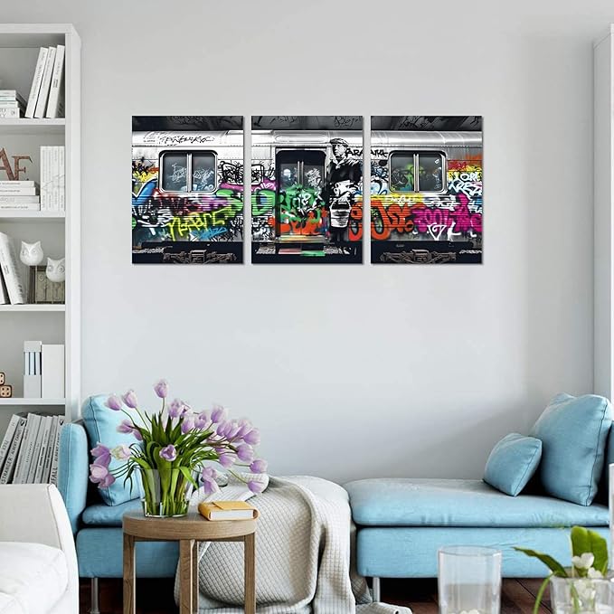Novatique Banksy Wall Art Graffiti Canvas Wall Art Street Poster Cool Paintings Artwork Fun Graffiti Canvas Wall Painting Home Decor for Living Room Bedroom, 12”x 16”x 3Pcs