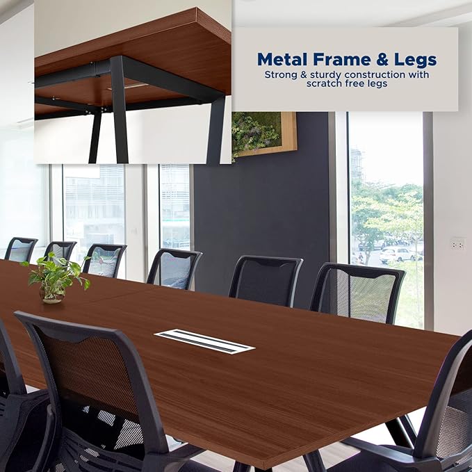 Sturdy Conference Table with Cable Management Grommets Modern Rectangle Office Meeting Table with Wood Tabletop and Metal Frame & Legs- Easy Assembly Boardroom Table (Mahogany, 12 Foot)