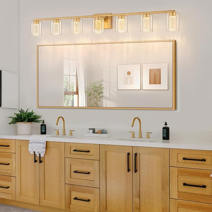 SineRise 7-Light Gold Vanity Light with 3 Color Modes (3000K/4000K/6000K), Eye Protection LED Bathroom Light Fixture, Dimmable Modern Wall Light Over Mirror with Clear Glass Shade