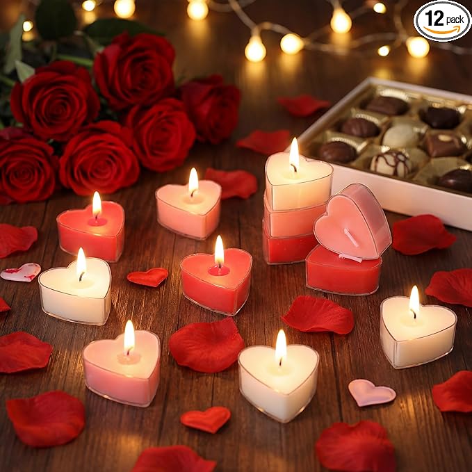 Honoson 12 PCS Valentine's Day Heart-Shaped Tealight Candles Pink Red White Tealight Candles Rose Essential Oils Colors 5 Hours Burn Time for Valentine's Day Dating Weddings Romantic Occasions