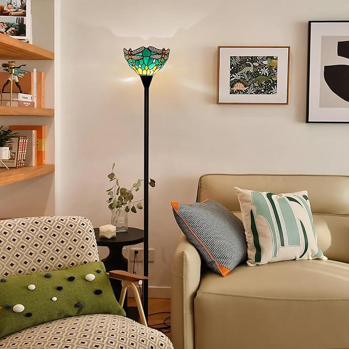 Tiffany Floor Lamp Tochiere Standing Green Dragonfly Style Stained Glass Floor Light Vintage Tall Pole Uplight Lamp Rustic Corner Lamp with Foot Switch for Home Decor Living Room Bedroom