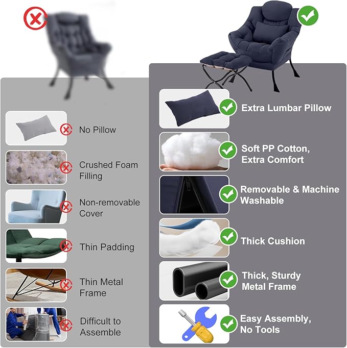 Lazy Chair with Ottoman, Modern Accent Chair with Lumbar Pillow, Navy Blue Sofa, Lounge Chairs with Folding Footrest, Oversized Supportive Chairs for Bedroom, Reading