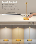 Cordless Table Lamps Rechargeable, 6000mAh Battery Operated LED Desk Lamp Outdoor Waterproof Portable Touch Dimmable Table Night Light for Patio Restaurant Dining Home Gold