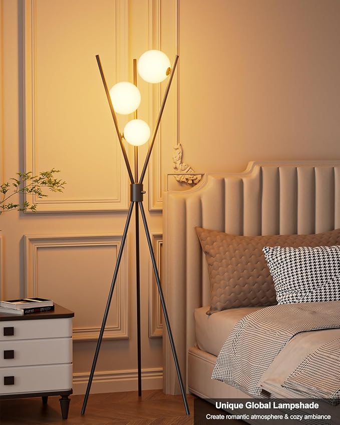 Lightdot 60IN Dimmable Black Tripod Floor Lamp Mid Century Standing Lamps with 3Pcs 3000K Bulbs Included Globe Eye Care&Stable Base Modern Tall Lamp for Living Room/Bedroom/Sofa Beside/Corner Decor