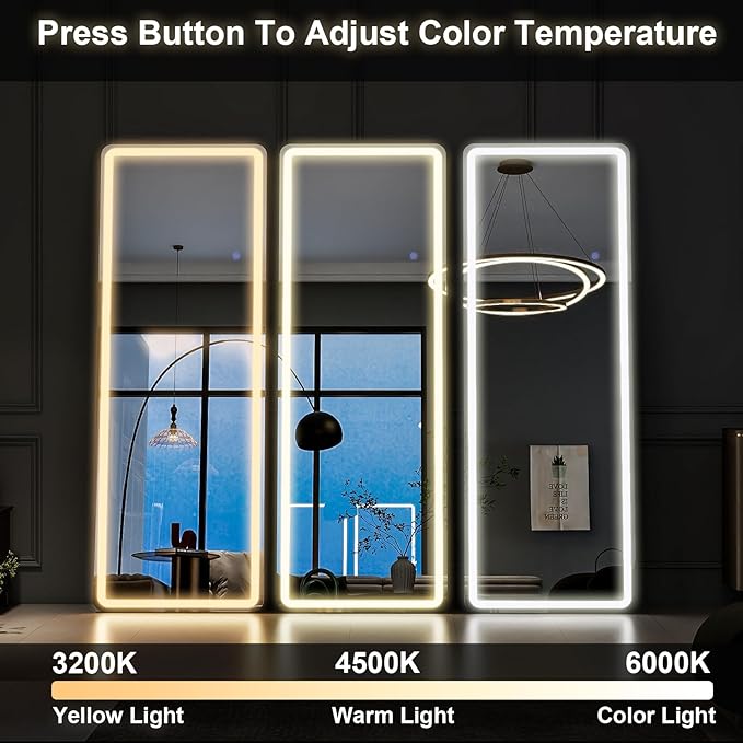 GLSLAND LED Full Length Mirror 64" x 21" Floor with Stand Wall Mounted Hanging Full Body Mirror with Lights Free Standing for Bedroom Living Room Bathroom, White