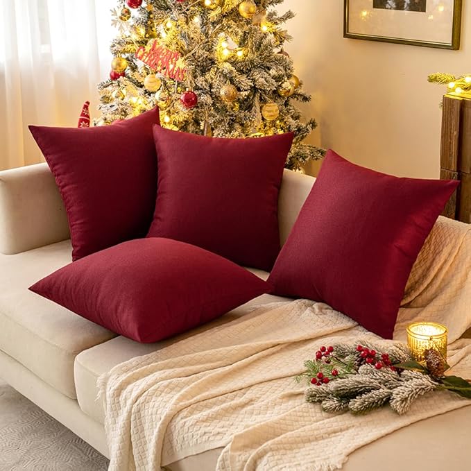 MIULEE Pack of 2 Decorative Outdoor Solid Waterproof Throw Pillow Covers Christmas Faux Linen Garden Farmhouse Cushion Cases for Patio Tent Balcony Couch Sofa 20x12 Inch Wine Red