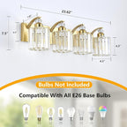 4-Lights Brushed Brass Bathroom Light Fixture Gold Vanity Lights Modern Crystal Bathroom Vanity Lighting Over Mirror Wall Sconce with K9 Crystal Shade E26 Base for Living Room, Bedroom Wall Lamp