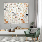 VUMIVI Cute Cat Tapestry Cartoon Pets Flowers Mushrooms Butterflies Watercolor Illustrations Tapestry Wall Hanging for Living Room Bedroom Dorm Classroom Aesthetic Decor W60xL50in