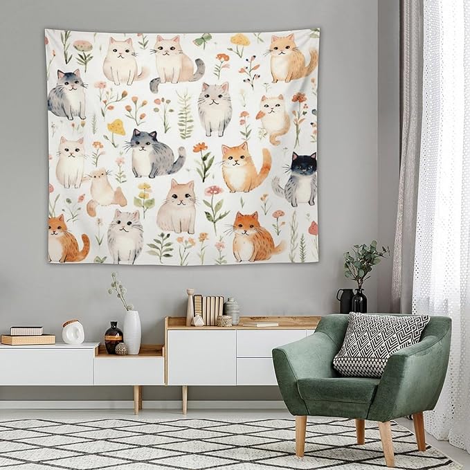 VUMIVI Cute Cat Tapestry Cartoon Pets Flowers Mushrooms Butterflies Watercolor Illustrations Tapestry Wall Hanging for Living Room Bedroom Dorm Classroom Aesthetic Decor W60xL50in