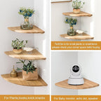 Corner Shelf,16inch Natural Oak Solid Wood Floating Corner Shelves Wall Mount Round End Floating Speaker Rack with Wire Hole for Small Plant for Bedroom Kitchen, Living Room
