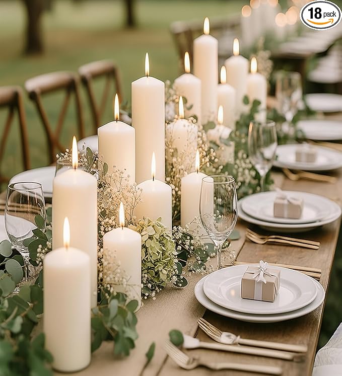 18 Pcs White Pillar Candles Bulk Set，Hurricane Candles，2x3 2x4 2x6 Inch - 12 Each Size，Dripless Unscented Smokeless，Gives You a Better Atmosphere When Organizing an Event Party.